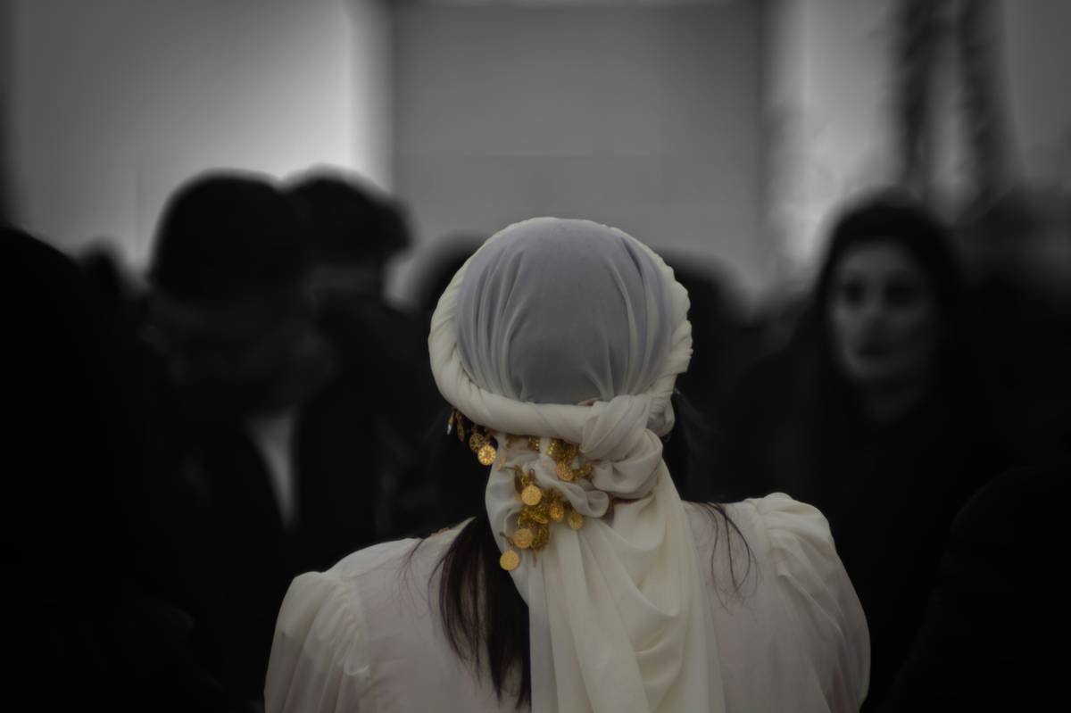 World map showing regions where symbolic hair veils are worn, labeled with examples: hijab (Middle East/North Africa), mantilla (Spain/Latin America), tichel (Eastern Europe), blusher veil (Western weddings)