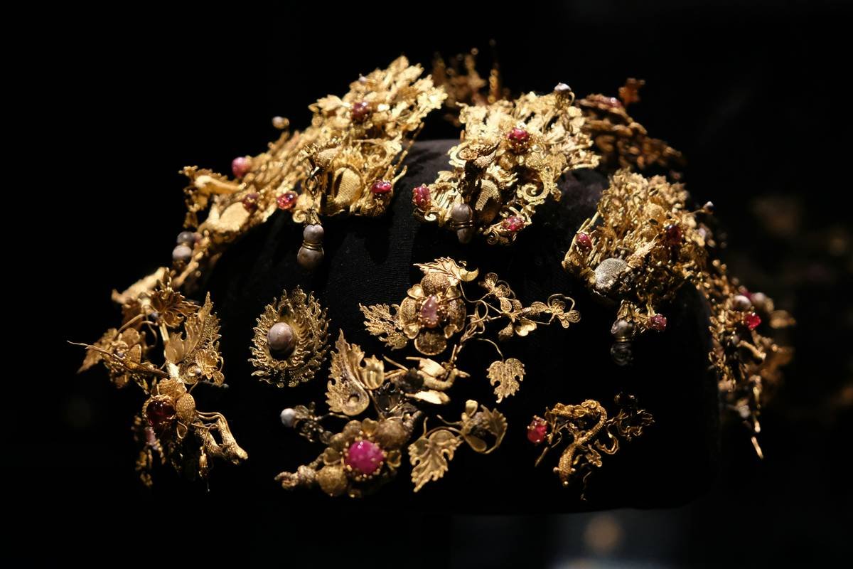 Handcrafted ceremonial headpiece with silk veil and antique silver filigree